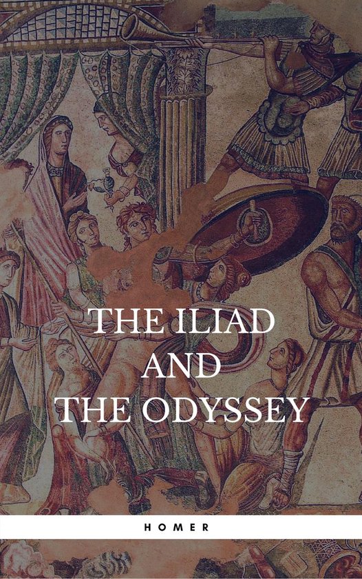 Mozaïek met mythologische figuren en de tekst 'THE ILIAD AND THE ODYSSEY HOMER'.