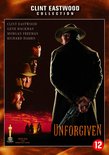 DVD-hoes van "Unforgiven" met Clint Eastwood, Gene Hackman, Morgan Freeman en Richard Harris. Een cowboy met cowboyhoed en jas staat met de rug naar de kijker toe.