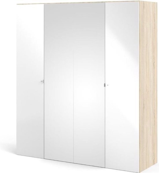 Saskia kledingkast 2 deuren, 2 spiegeldeuren eikenstructuur decor, wit hoogglans.