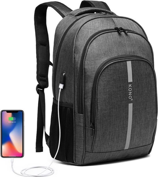 Sac à dos Kono - Sac pour ordinateur portable avec station de charge USB - Sac à dos 25 L pour homme / femme - Sac avec bande réfléchissante - Sac à dos étanche - Sac pour école / travail / voyage - Gris (E1972)