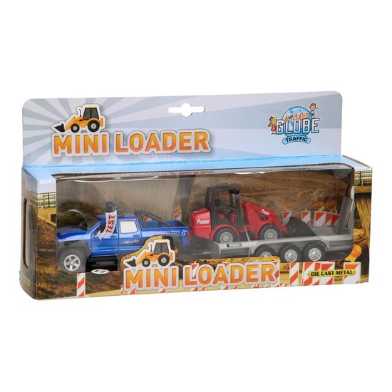 Een blauwe pick-uptruck met een rode minishovel op een grijze aanhanger in de verpakking.