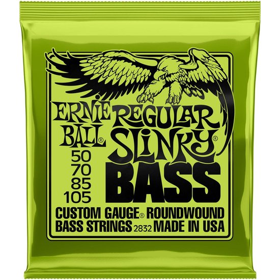 Ernie Ball Regular Slinky Bass 50-105 snarenverpakking met adelaar en tekst.
