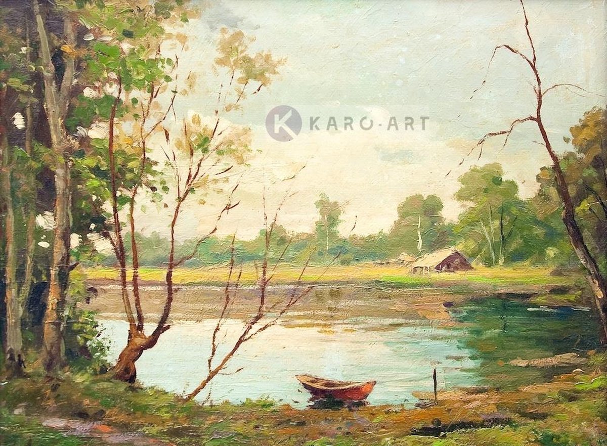 karo-art Schilderij - Boot op meer, print op canvas , Multikleur , 3 maten , Premium print