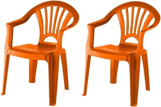2x Oranje stoeltjes voor kinderen 51 cm - Tuinmeubelen - Kunststof binnen/buitenstoelen voor kinderen