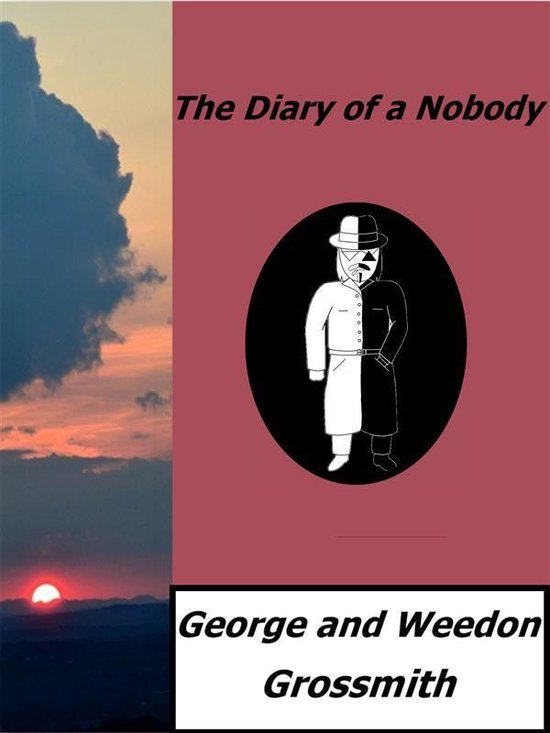 Boekomslag van The Diary of a Nobody met een zwart-wit figuur in een ovaal tegen een roze en zonsondergang achtergrond.