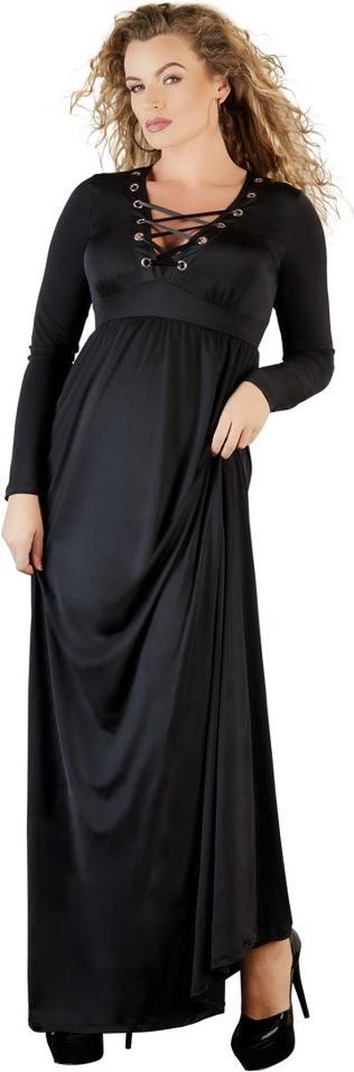 Cottelli Plus Szie – Lange Nachtjurk met Vetersluiting Langs Hals en Buste Elegant en Verleidelijk – Maat L – Zwart