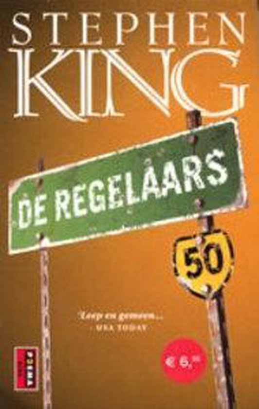 Boek "De Regelaars" van Stephen King met een groene wegwijzer "DE REGELAARS" en een geel bord met "50".