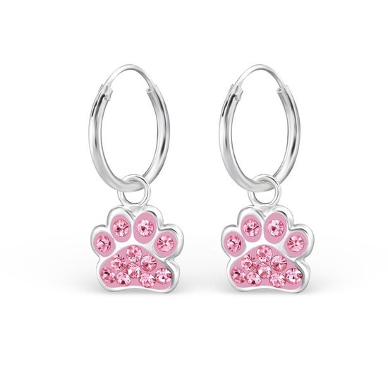 zilver kinder oorbellen meisje met hondenpoot 24 roze kristal steentjes  hanger |... | bol.com