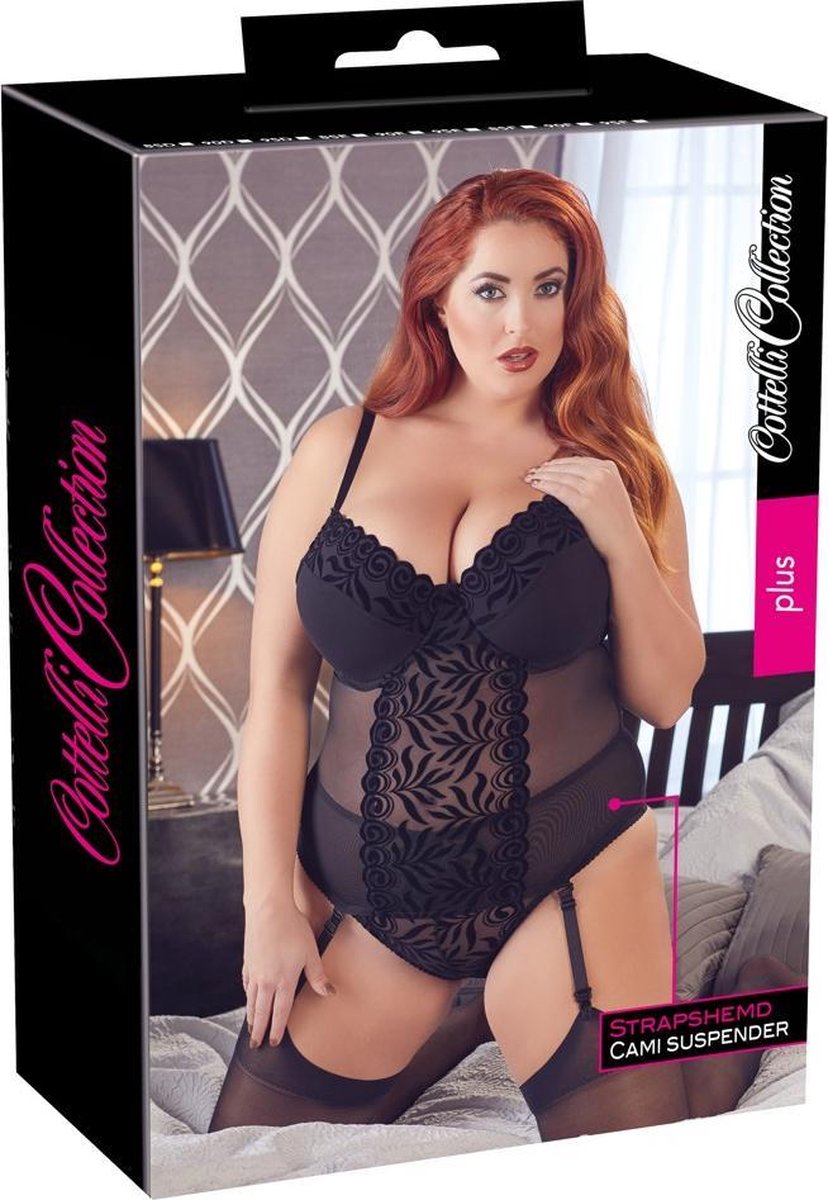 Cottelli Plus Size – Jarretel Body met Licht Gevoerde Cups en Flockprint Licht Transparant – Maat 95E/2XL – Zwart