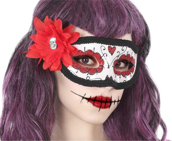 ATOSA - Dia de los Muertos masker met rode bloem voor volwassenen
