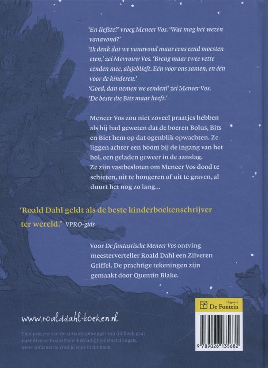 Achterkant van "De fantastische Meneer Vos" met tekst over Roald Dahl en de illustraties van Quentin Blake.