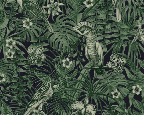 TROPISCHE VOGELS EN BLADEREN BEHANG | Botanisch & Dieren - groen zwart - A.S. Création Greenery