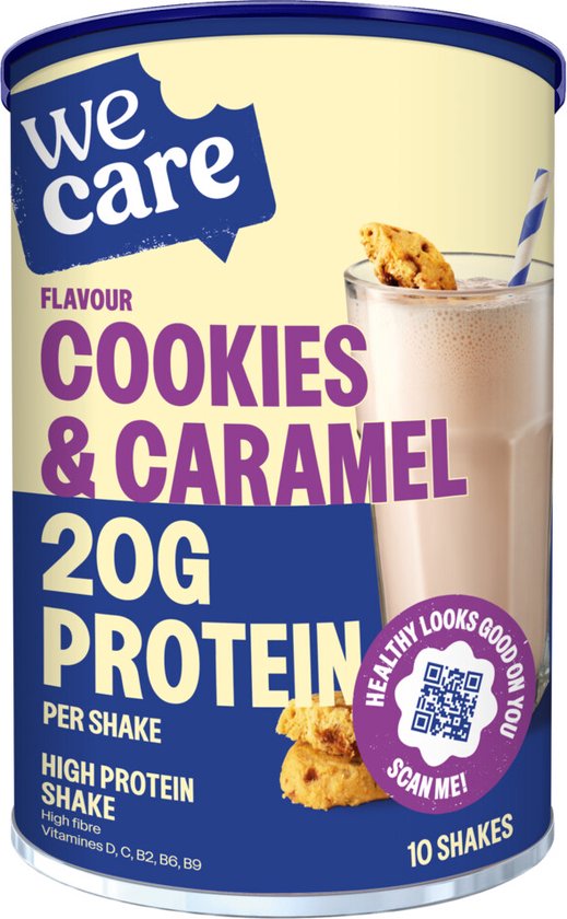 Blik met "FLAVOUR COOKIES & CARAMEL" en "20G PROTEIN PER SHAKE", glas milkshake met koekje.