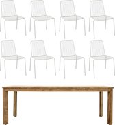 sweeek - 220cm gerecycled teak binnen/buiten tafel + 8 metalen fauteuils