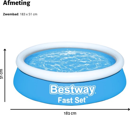 Piscine Opblaasbaar ronde Bestway à Set Fast - 183 x 51 cm - Blauw - Chlore inclus - Flotteur de chlore - Bandelettes de test - Kit de réparation - Brosse à récurer - PH-moins - PH-plus - Thermomètre