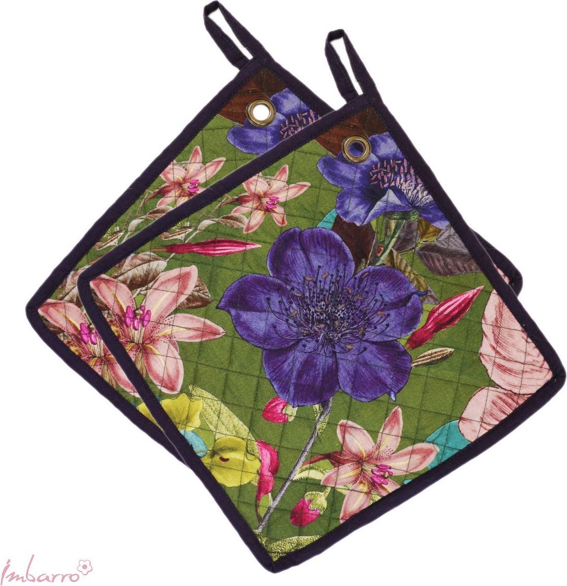 Imbarro - Pannenlappen - Set 2 stuks - Emma - Groen - Flores Fiesta - 25x25cm