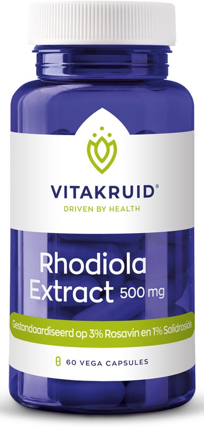 Blauwe pot met witte dop. Etiket met 'Rhodiola Extract 500 mg' en '60 VEGA CAPSULES'.