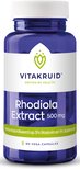 Blauwe pot met witte dop. Etiket met 'Rhodiola Extract 500 mg' en '60 VEGA CAPSULES'.