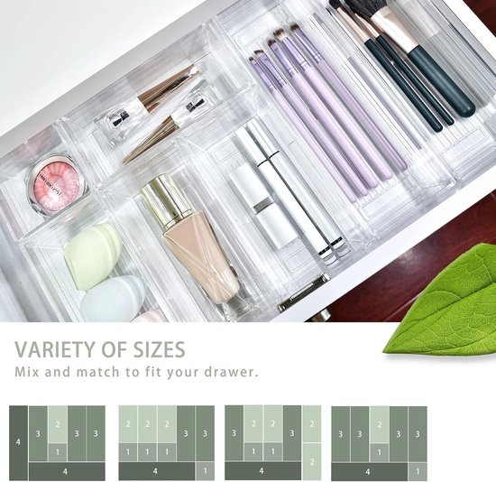 Plastic ladeorganisatoren, 18 stuks ladeorganisatorbakken, badkamer en ijdelheid organizer plastic lade, make-up organizer en opslag voor make-up, slaapkamer, keukengadgets keukengerei en kantoor
