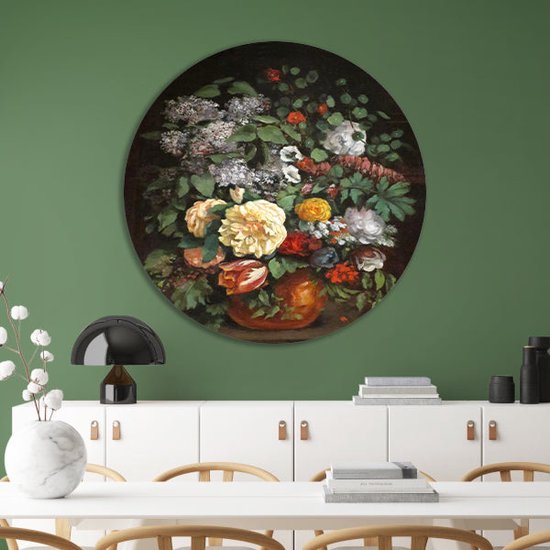 Vaas met seringen, rozen en tulpen - Gustave Courbet schilderij - Stilleven wandcirkel - Rond schilderij Natuur - Muurdecoratie kinderkamer - Wandcirkels - Wanddecoratie slaapkamer muurcirkel forex 90x90 cm