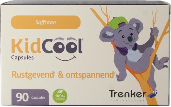 KidCool Capsules verpakking met een vrolijke koala die aan een tak hangt. Saffraan.