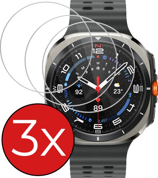 3 stuks screenprotectors met cirkels die de randen van het smartwatch bedekken.