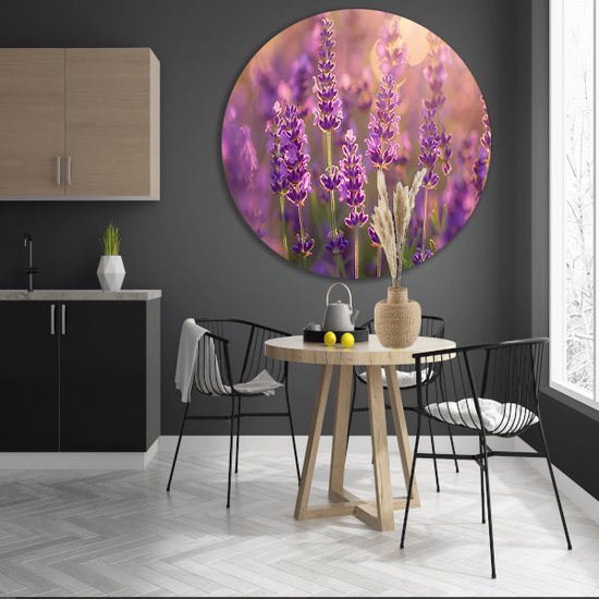 Pot mural Lavande - Tableau Fleurs rond - Décoration murale ronde Coucher de soleil - Décoration murale chambre d'enfant - Décoration murale ronde - Décoration murale cercle salon forex 60x60 cm