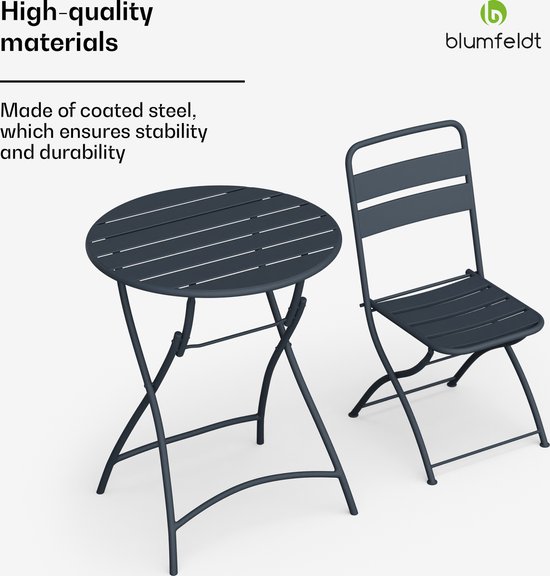 Blumfeldt Salon de Jardin Retrochic - Table + 2 Chaises 60 cm - Pliable - Anthracite