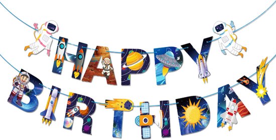 Verjaardagsslinger met ruimte-thema, met astronauten, raketten en planeten. De tekst 'HAPPY BIRTHDAY' is in de vorm van letters met ruimte-afbeeldingen.