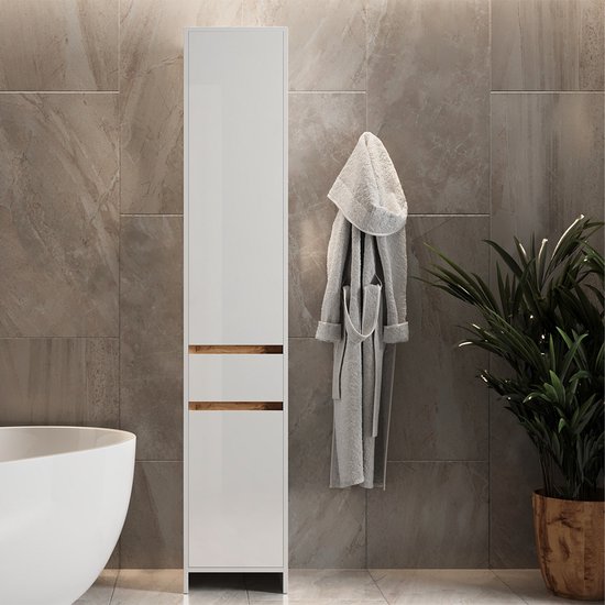 Armario Alto Baño Armario De Baño Otis Vicco - Blanco Brillante/Antracita, 30 X 190 X 30 Cm, 5 Estantes Ajustables, Con Cajón Y Puertas Mueble Baño Otis Vicco