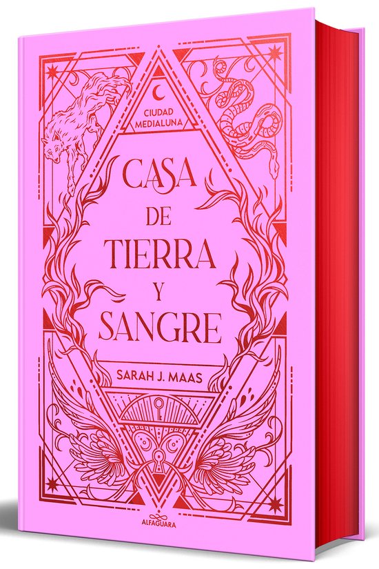 Roze boek met rode versieringen van de titel 'Casa de Tierra y Sangre' en een wolf.