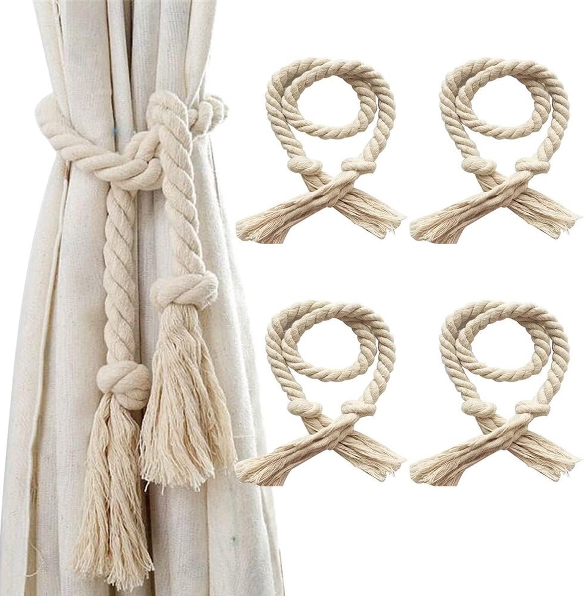 Vouwhouders, gordijn, touw, 4 stuks, gordijnriemen, grijs, katoen, 100 cm, gordijnhouder, holdback voor thuis, kantoor, decoratie, raambehandeling
