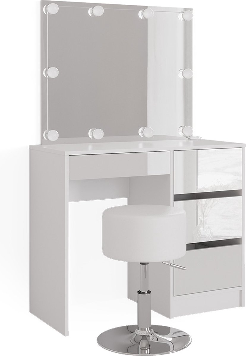 Vicco Kaptafel Sherry, Wit, 90 cm met spiegel, LED-lichtslinger en kruk