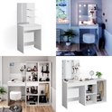 Collage van productfoto's van een witte kaptafel met LED-verlichting en kruk.