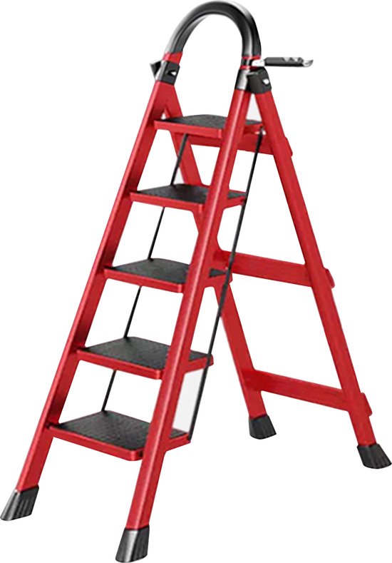 K IKIDO Escalier de ménage 5 marches - Barre pliable/pliable - Double marche - Escalier de cuisine ARK10 rouge - Hauteur de travail max : 3,1 mètres