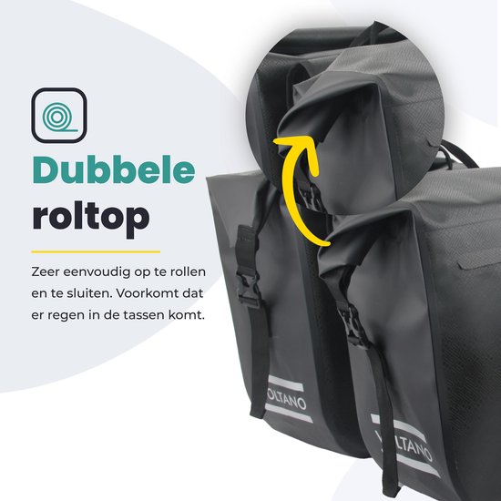 Voltano Dubbele Fietstas Rolltop Urban Black - 48 Liter - 100% Waterdicht - Fietstassen Electrische Fietsen