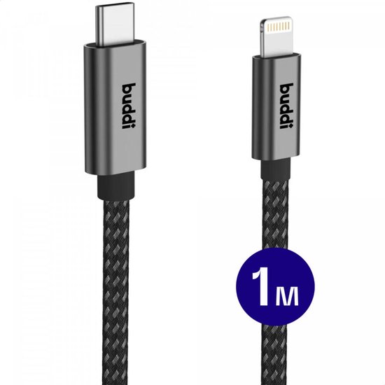 Buddi Flex | USB-C naar Lightning Kabel 20W Fast Charge | Power Delivery | 480Mbps Dataoverdracht | Gevlochten Nylon | 1M | 1 Meter | Zwart