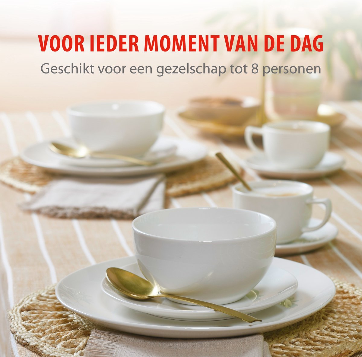 alpina serviesset 8 Persoons - Aardewerk Servies 40-Delig - Bordenset met Ontbijtborden, Dinerborden, Kommen, Kopjes en Schotels - Servies Set Vaatwasser- en Magnetronbestendig - Wit — afbeelding 2