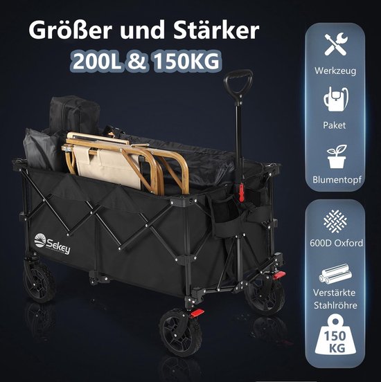 Opvouwbare Bolderwagen XXL Plus - 200L, 150KG Draagvermogen - Geschikt voor Ruw Terrein met Remmen — afbeelding 2