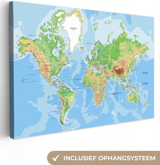 Foto: Canvas schilderij wereldkaart kleuren atlas aarde canvasdoek 90x60 muurdecoratie