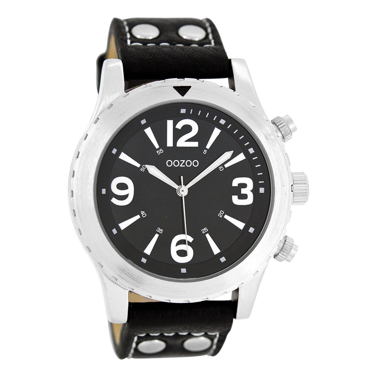 OOZOO Timepieces - Zilverkleurige horloge met zwarte leren band - C6113