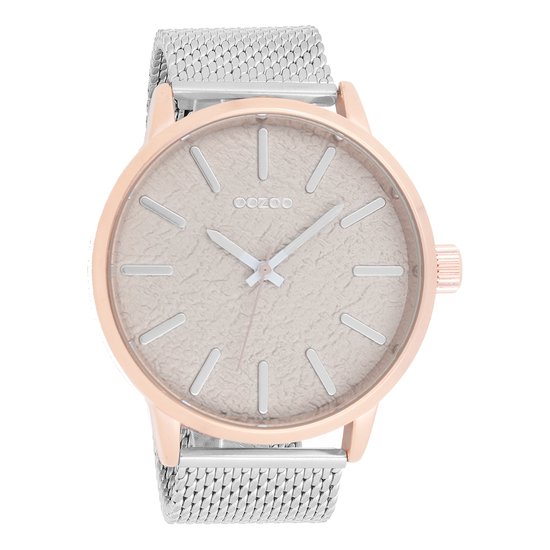 OOZOO Timepieces - Rosé goudkleurige horloge met zilverkleurige metalen mesh armband - C9232