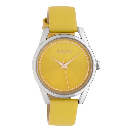 OOZOO Timepieces - Zilverkleurige horloge met mosterd gele leren band - JR306
