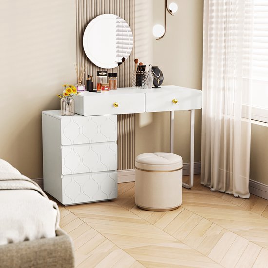 Foto: Dressing tafel 5 lades zonder spiegel en kruk kast en poten links en rechts verwisselbaar 90x 40 x 73 5 cm golfpatroon minimalistische stijl commode wit