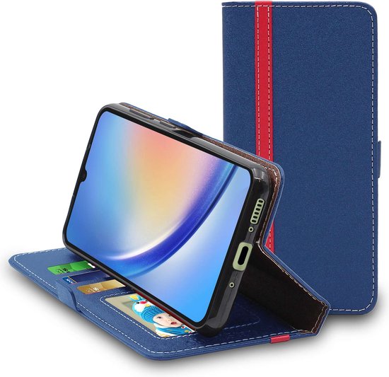 ebestStar - Coque compatible avec Samsung Galaxy A34 5G, Etui Portefeuille, Housse Pochette Protection PU Cuir, Porte Carte, Bleu Foncé / Rouge
