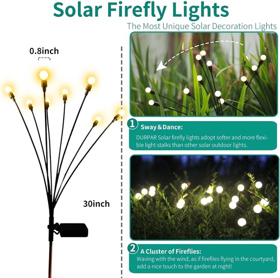 2Pcs 16 LEDs Garden Outdoor Solar Lighting IP65 Waterproof Firefly Lights on Solar Swinging Lights For Terrace Courtyard