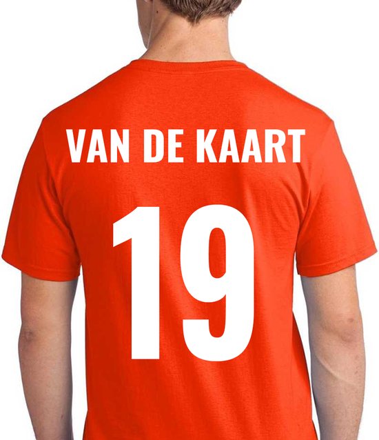 Oranje voetbal EK/WK-shirt met rugtekst Van de Kaart + NL Leeuw op borst (wit) | Maat L | Oranje EK/WK-shirt Heren - Oranje EK/WK-shirt Dames - Grappig Oranje shirt