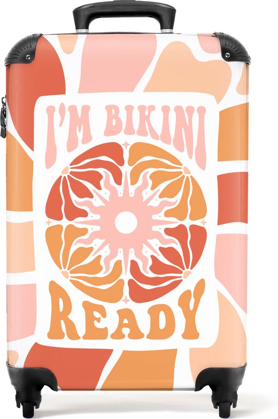 Zwarte koffer met een print van beige, roze en oranje organische vormen. Centraal de tekst 'I'M BIKINI READY' in oranje letters.