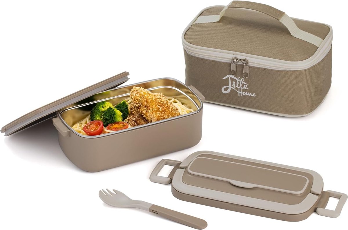 1000 ml Bento lunchbox voor volwassenen en kinderen draagbare roestvrijstalen thermische Tiffin lunchbox geïsoleerde lunchvoedselcontainer met lunchtas en keukengerei-088 (bruin)