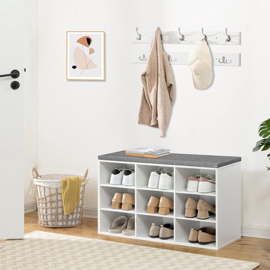 HOOBRO Schoenenbank, opbergbank met 9 vakken, schoenenrek, kapstok, 80 x 30 x 48 cm, ingang, hal, slaapkamer, rustiek bruin EBF89HX01